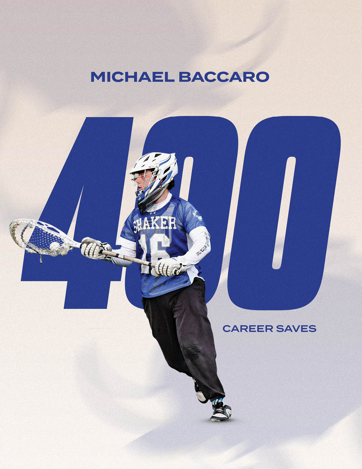 A lacrosse player wearing a blue and white uniform. Description generated by AI