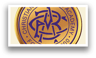 A gold coin with a purple border that says Christian Brothers Academy. Description generated by AI
