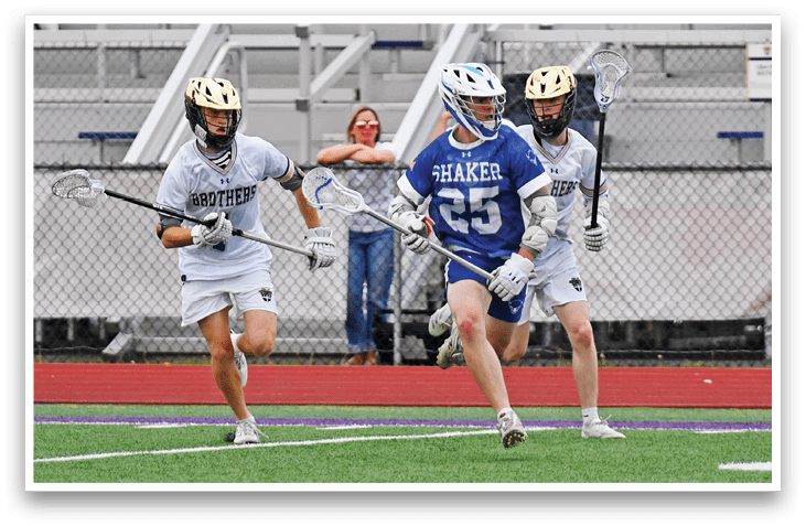 A group of people playing lacrosse on a field. Description generated by AI
