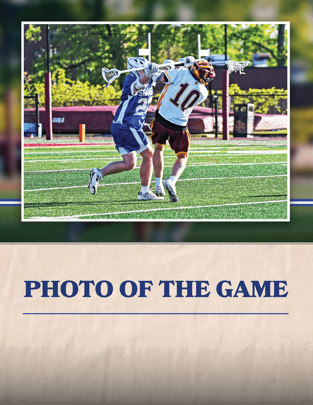 A man in a blue shirt and white shorts is playing lacrosse. Description generated by AI