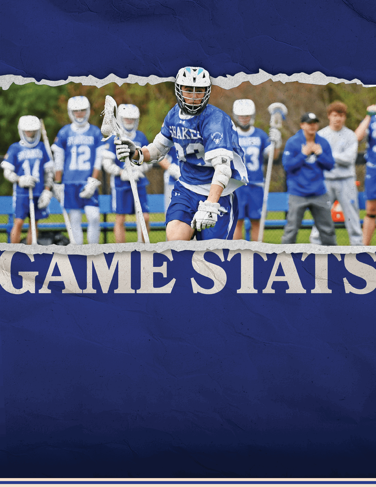 A blue and white sign that says game stats. Description generated by AI