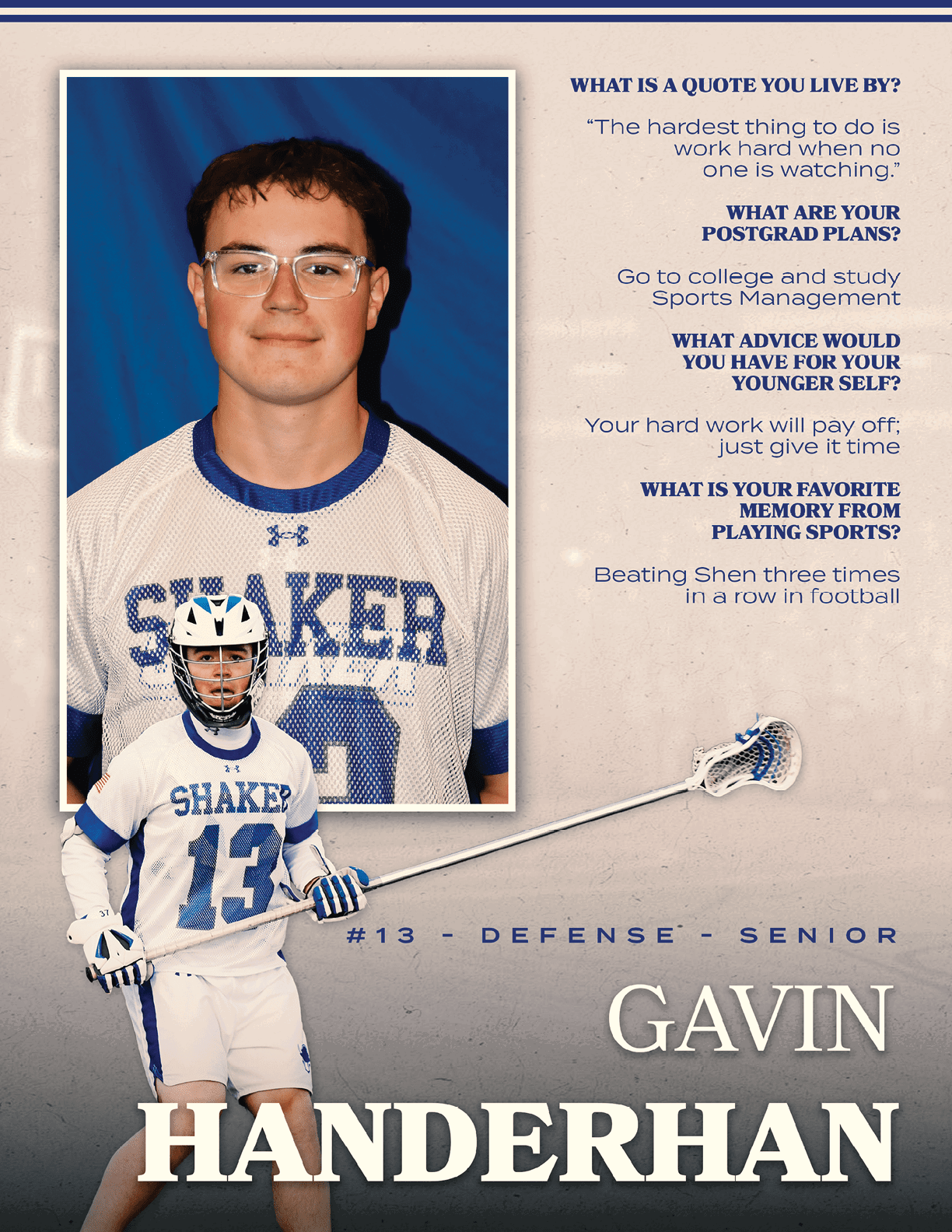 A young man in a Shaker jersey holding a lacrosse stick. Description generated by AI