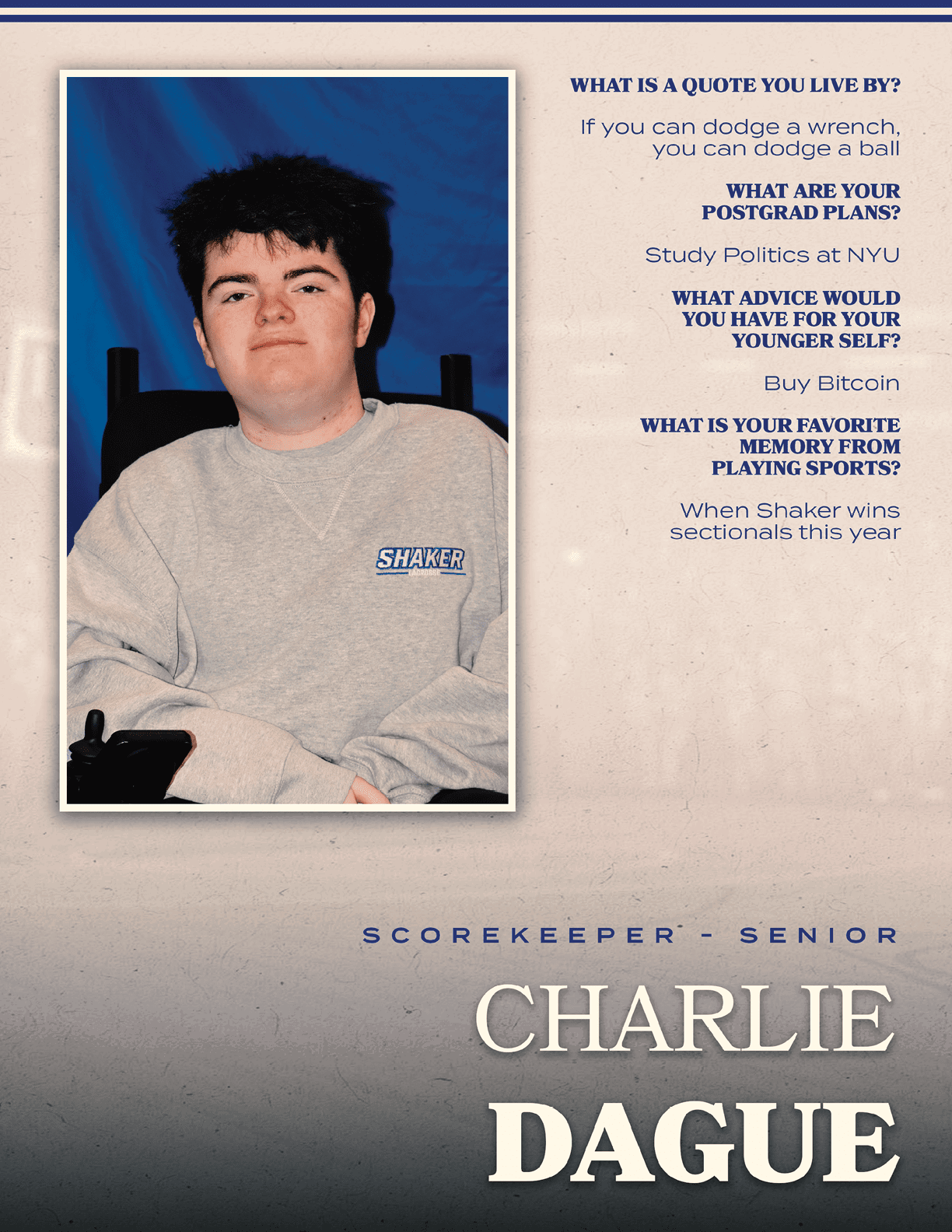 A man in a grey sweatshirt with the word “DAGUE" on the bottom. Description generated by AI