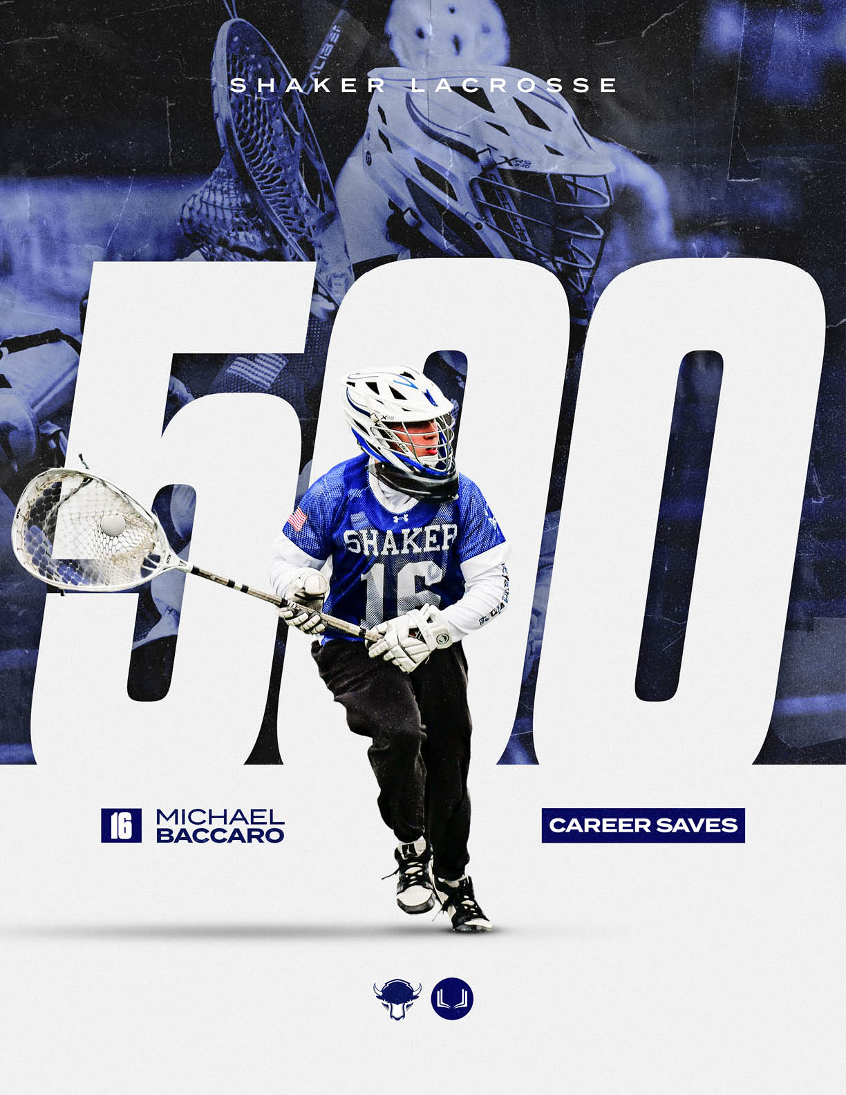 A lacrosse player in a blue uniform with the number 15 on it. Description generated by AI