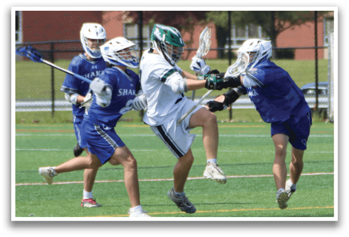 A group of people playing lacrosse on a field. Description generated by AI