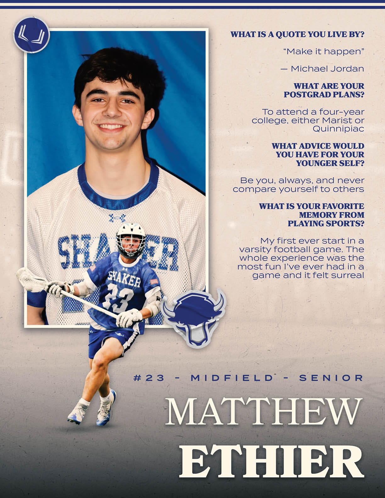 A young man wearing a Shaker jersey. Description generated by AI