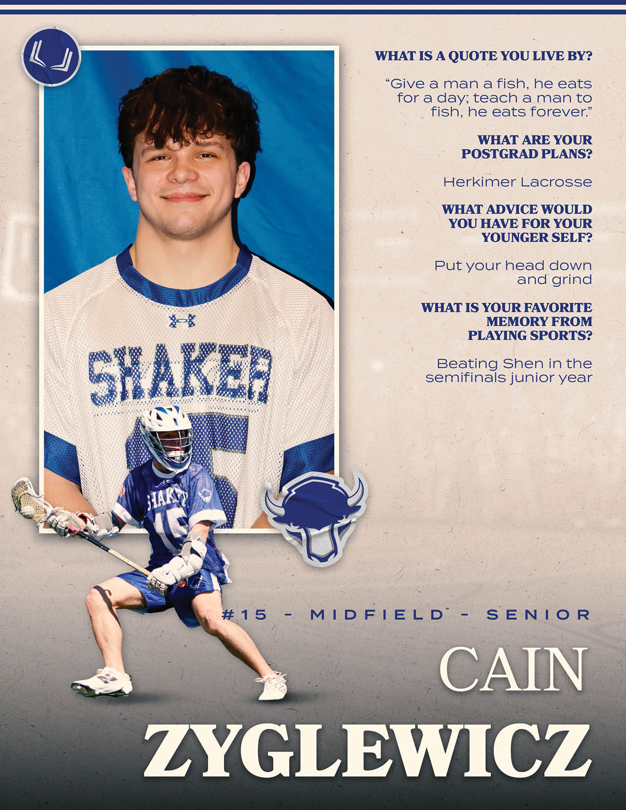 A young man wearing a blue and white jersey with the number 5 on it. Description generated by AI