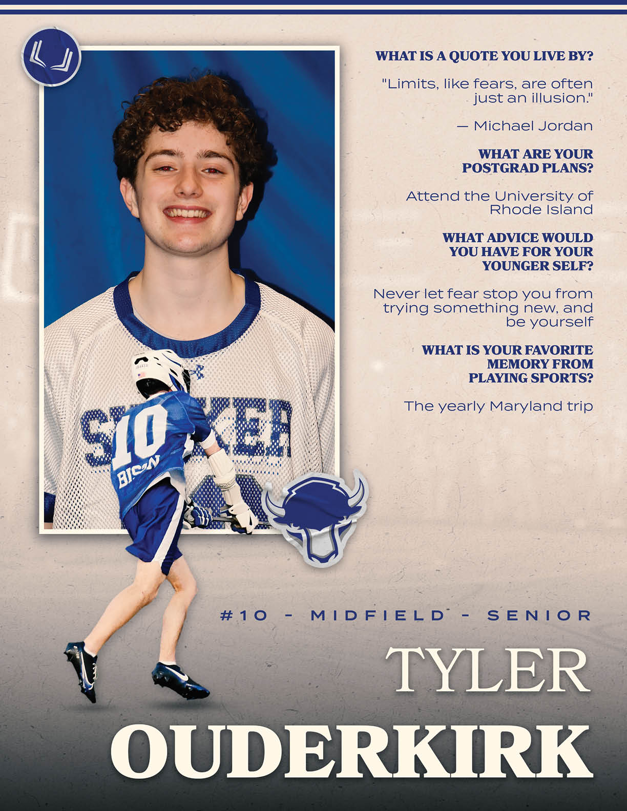 A young man wearing a blue and white jersey. Description generated by AI