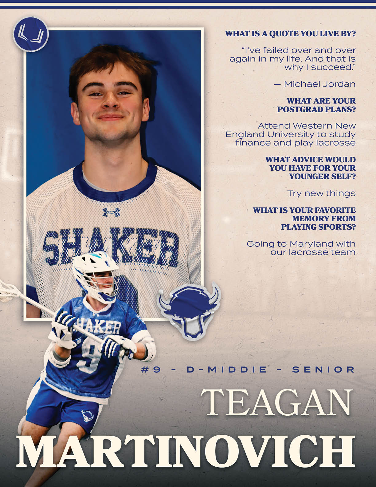 A man wearing a blue and white jersey with the number 9 on it. Description generated by AI