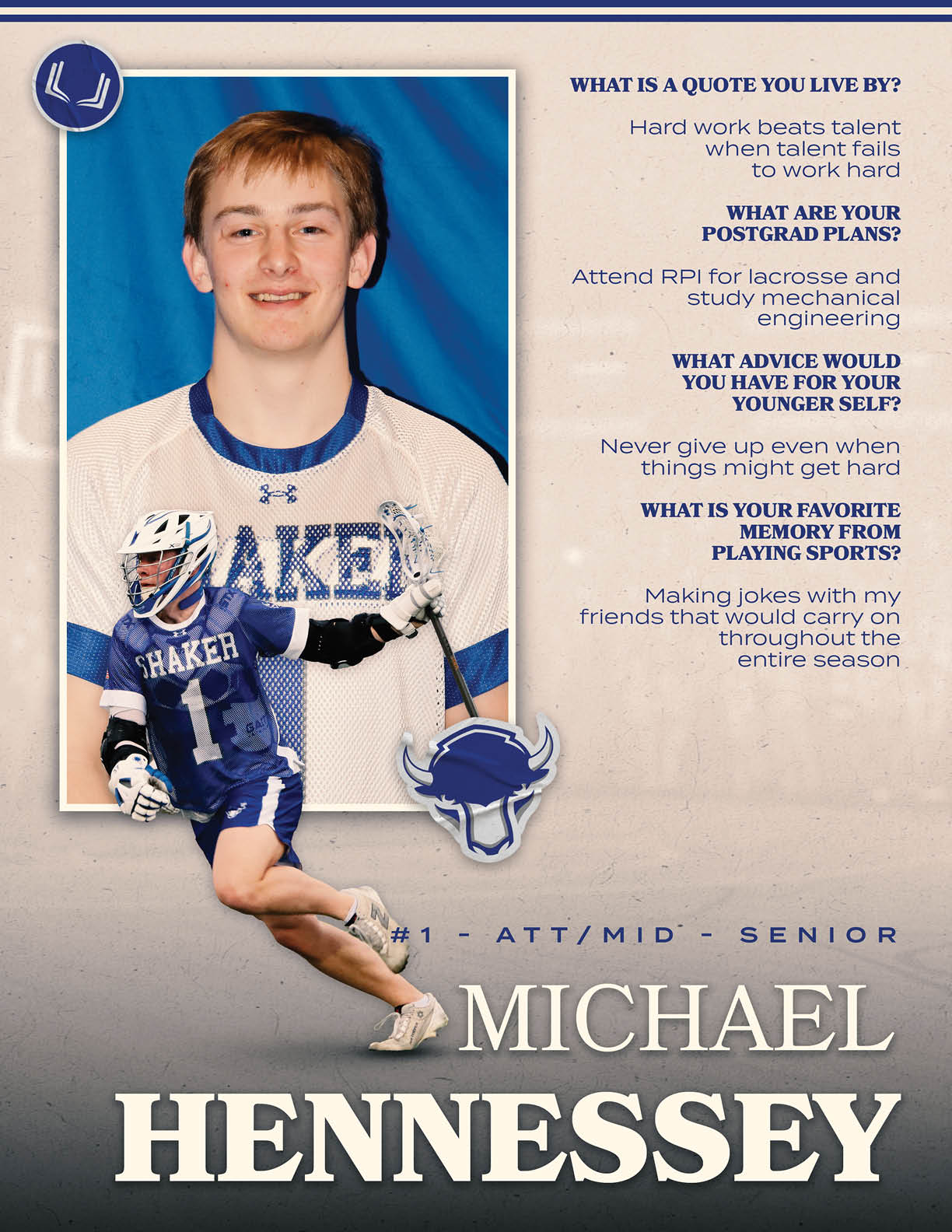A young man wearing a blue and white uniform with the word “Baker" on the front. Description generated by AI