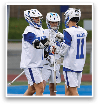 Three men wearing white and blue uniforms. Description generated by AI