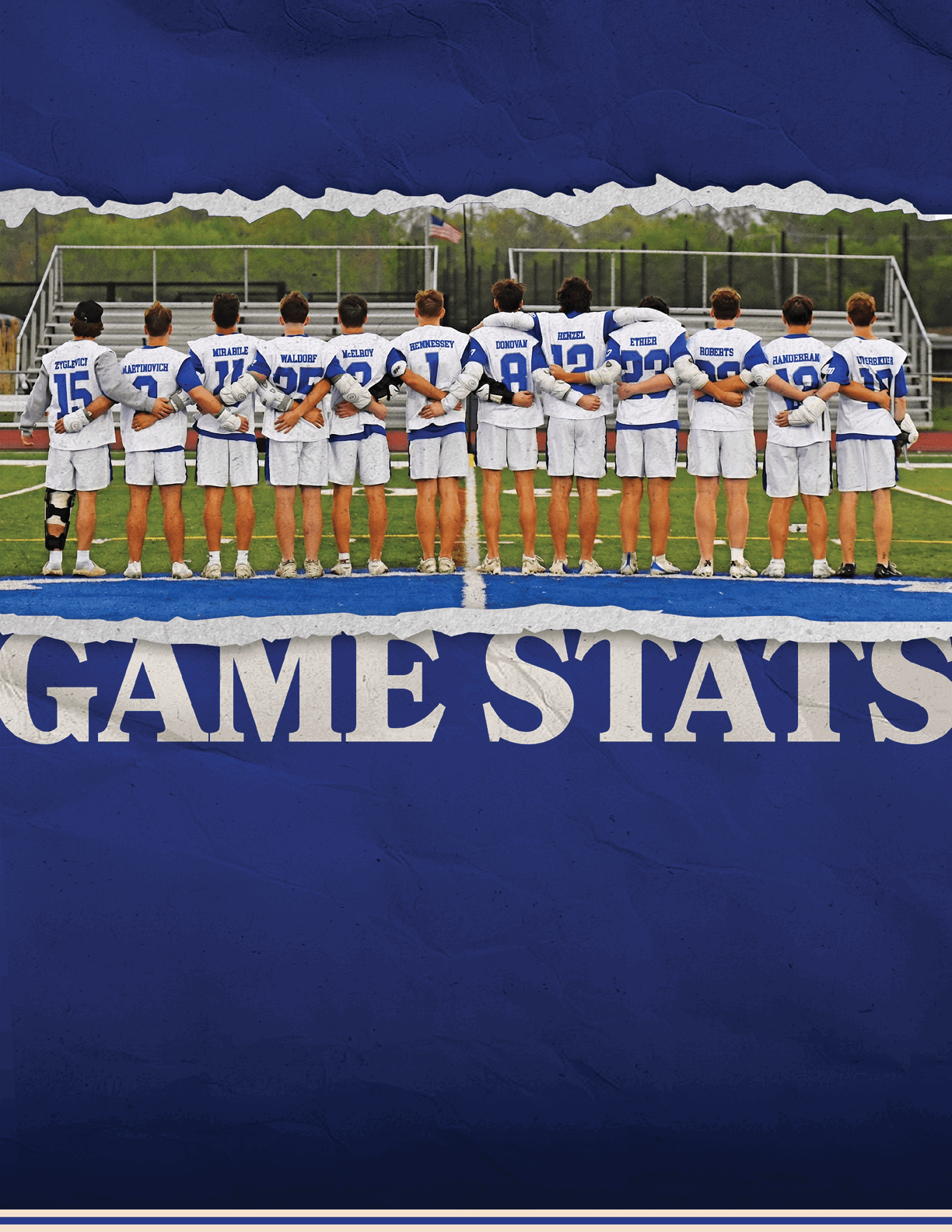 A group of people standing on a field with the words game stats written on the top. Description generated by AI