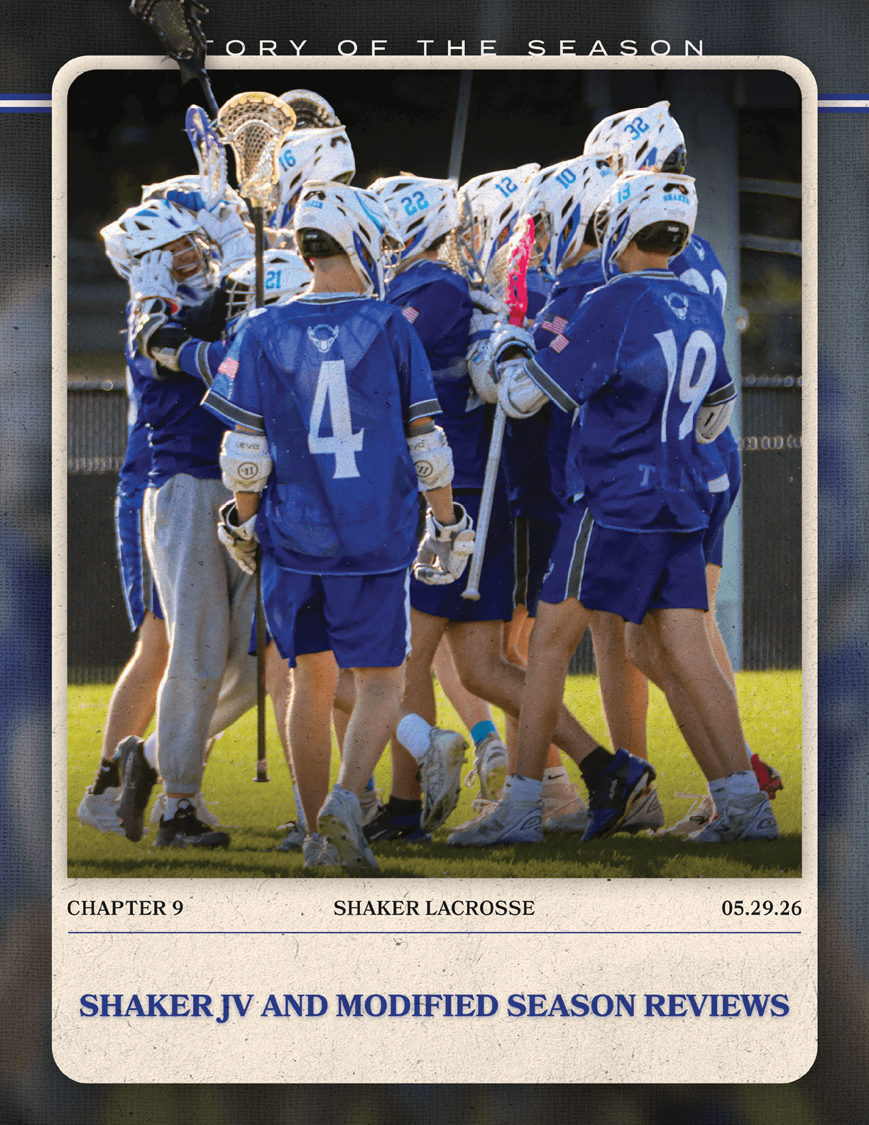 A group of lacrosse players hugging each other. Description generated by AI