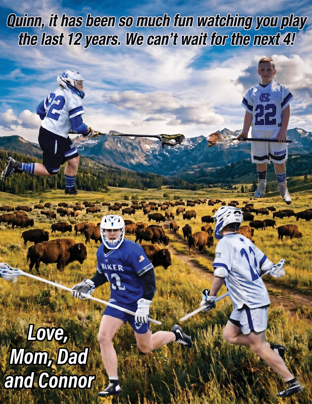 A boy in a blue and white jersey is running with a stick. Description generated by AI