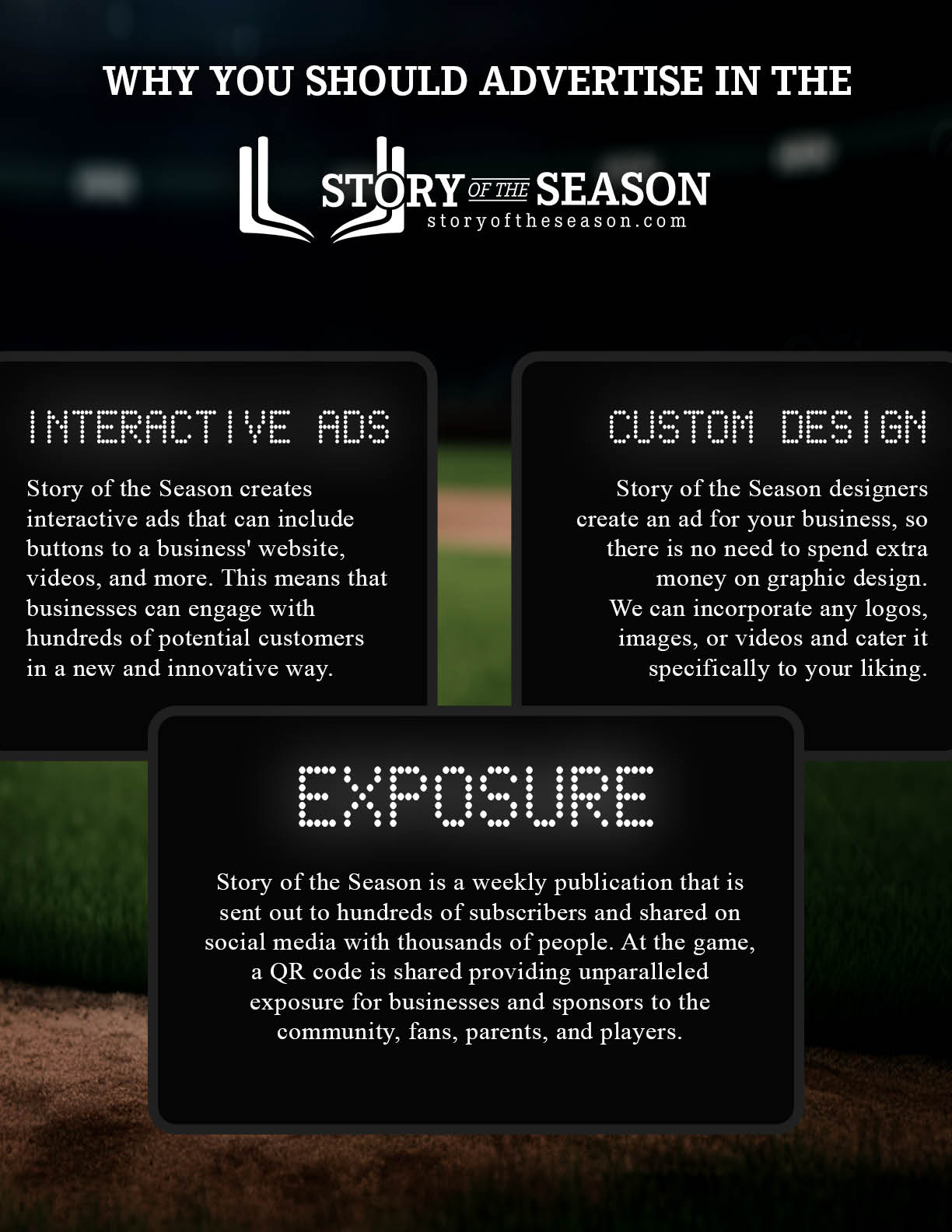 A poster advertising Story of the Season, featuring a baseball field and a logo. AI generated content