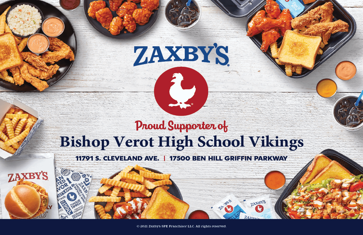 A Zaxby's advertisement featuring a chicken and the words “Bishop Verot High School Vikings" in the corner. AI generated content