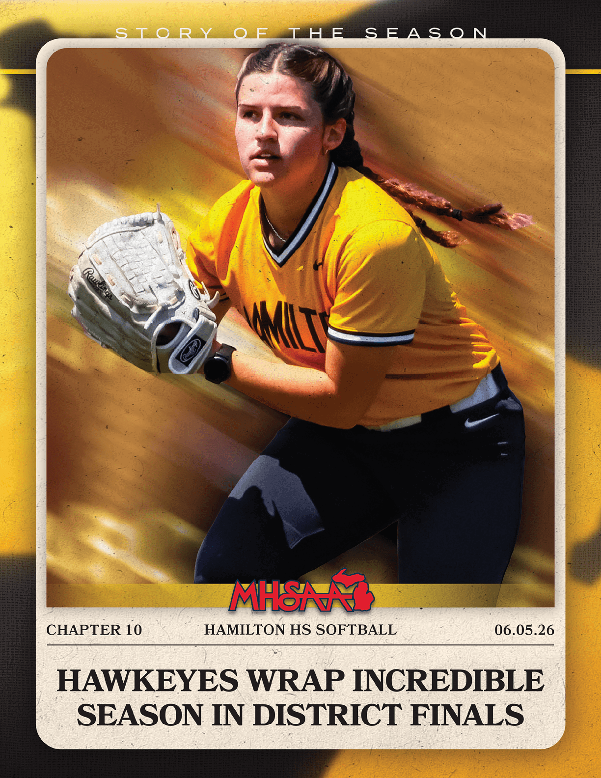 A yellow and black poster with a girl catching a ball. Description generated by AI