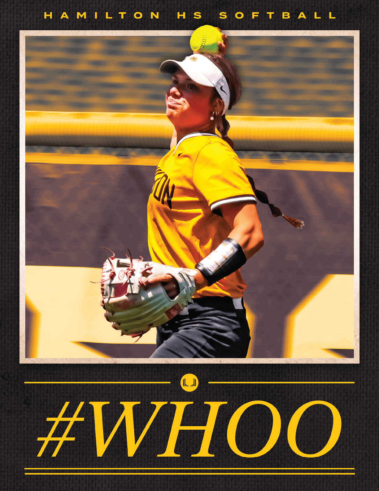 A girl wearing a yellow shirt and a white cap catching a softball. Description generated by AI