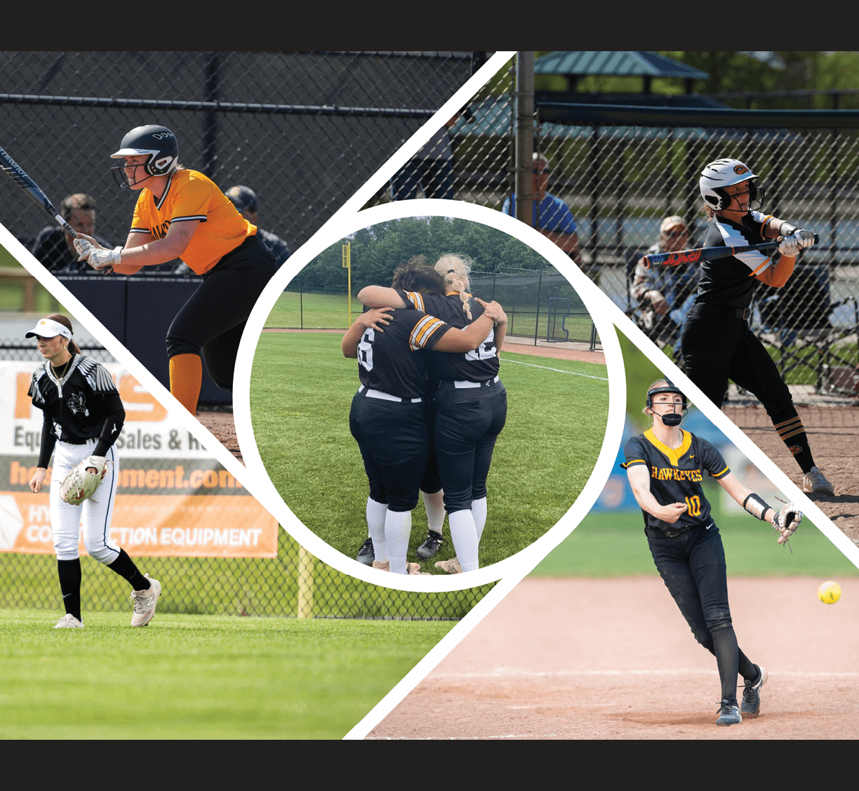 A collage of photos of girls playing softball. Description generated by AI