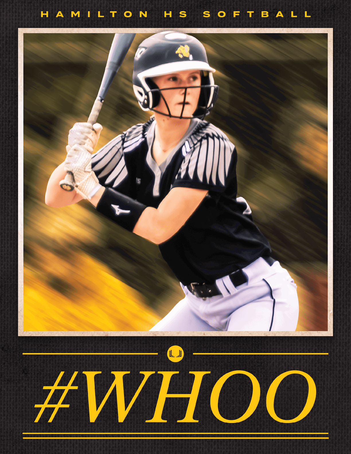 A girl in a black and white uniform is swinging a bat. AI generated content