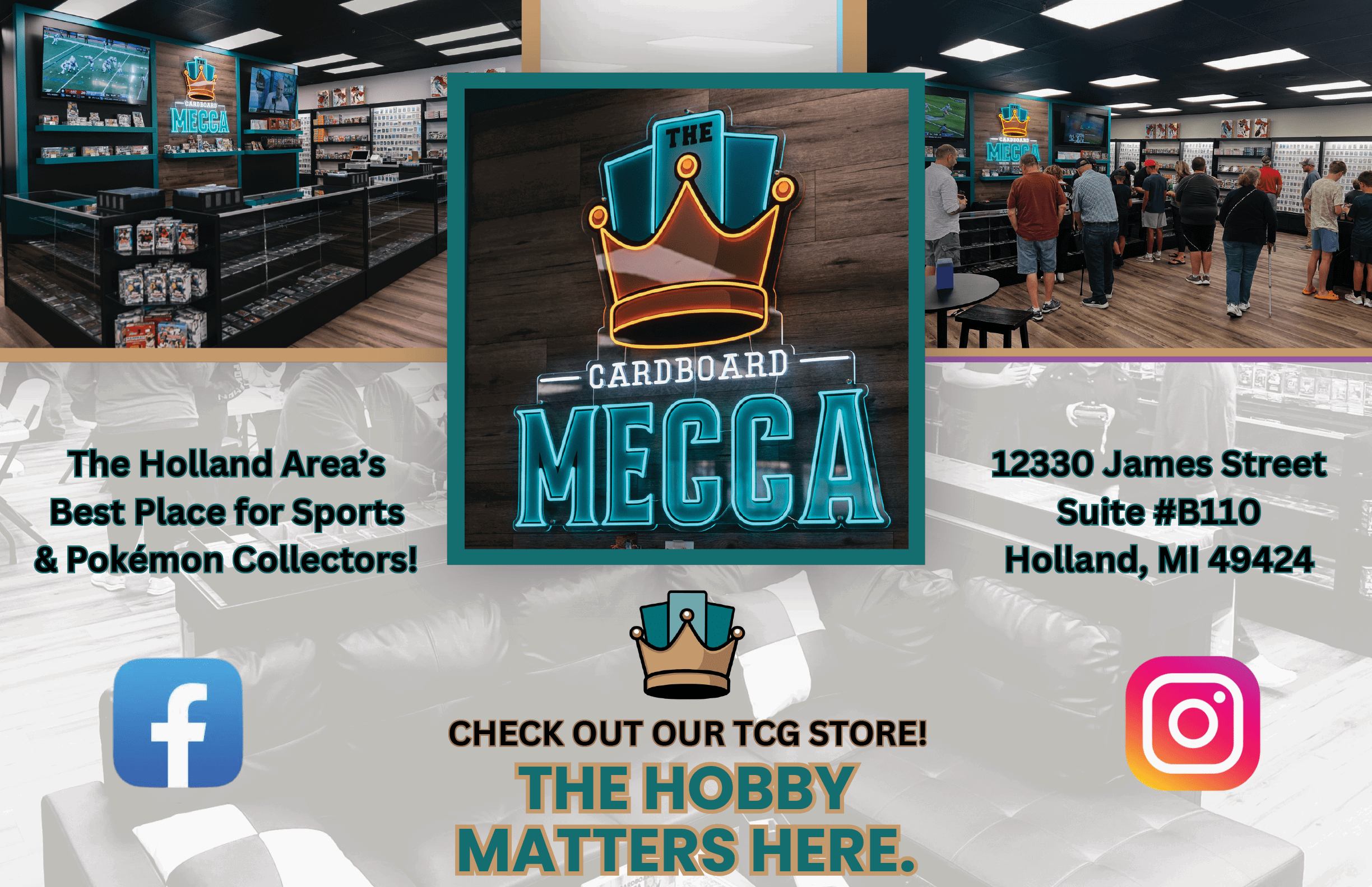 A flyer advertises a store called Megaa, located at 1239 James Street in Holland, MI. The flyer features a picture of a crown and the words “The Holland Area's Best Place for Sports & Pokemon Collectors!" AI generated content