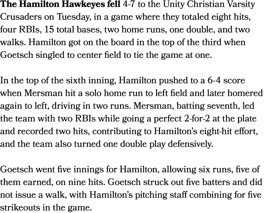 The Hamilton Hawkeyes fell 4 7 to the Unity Christian Varsity Crusaders on Tuesday, in a game where they totaled eigh...