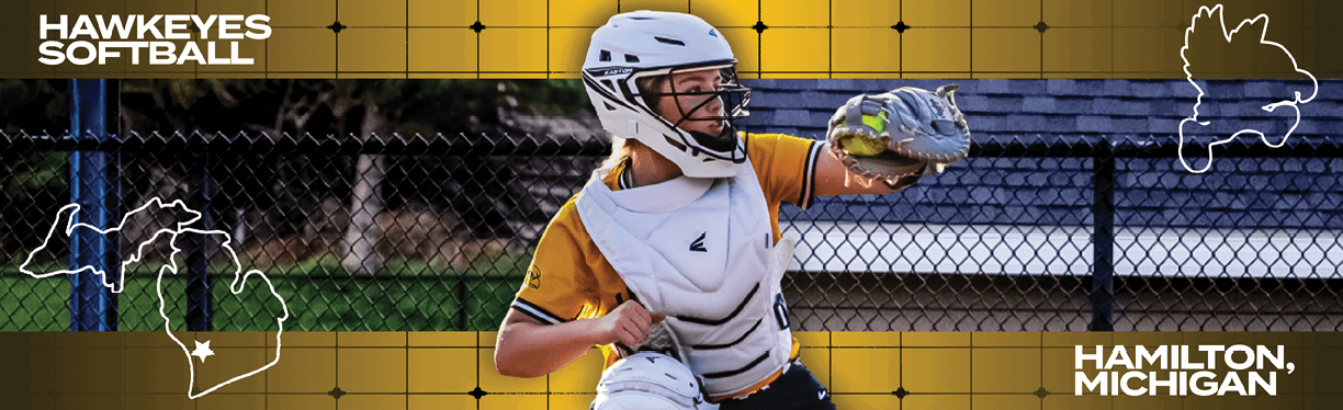 A female softball player in a yellow and black uniform is in the process of catching a ball. AI generated content