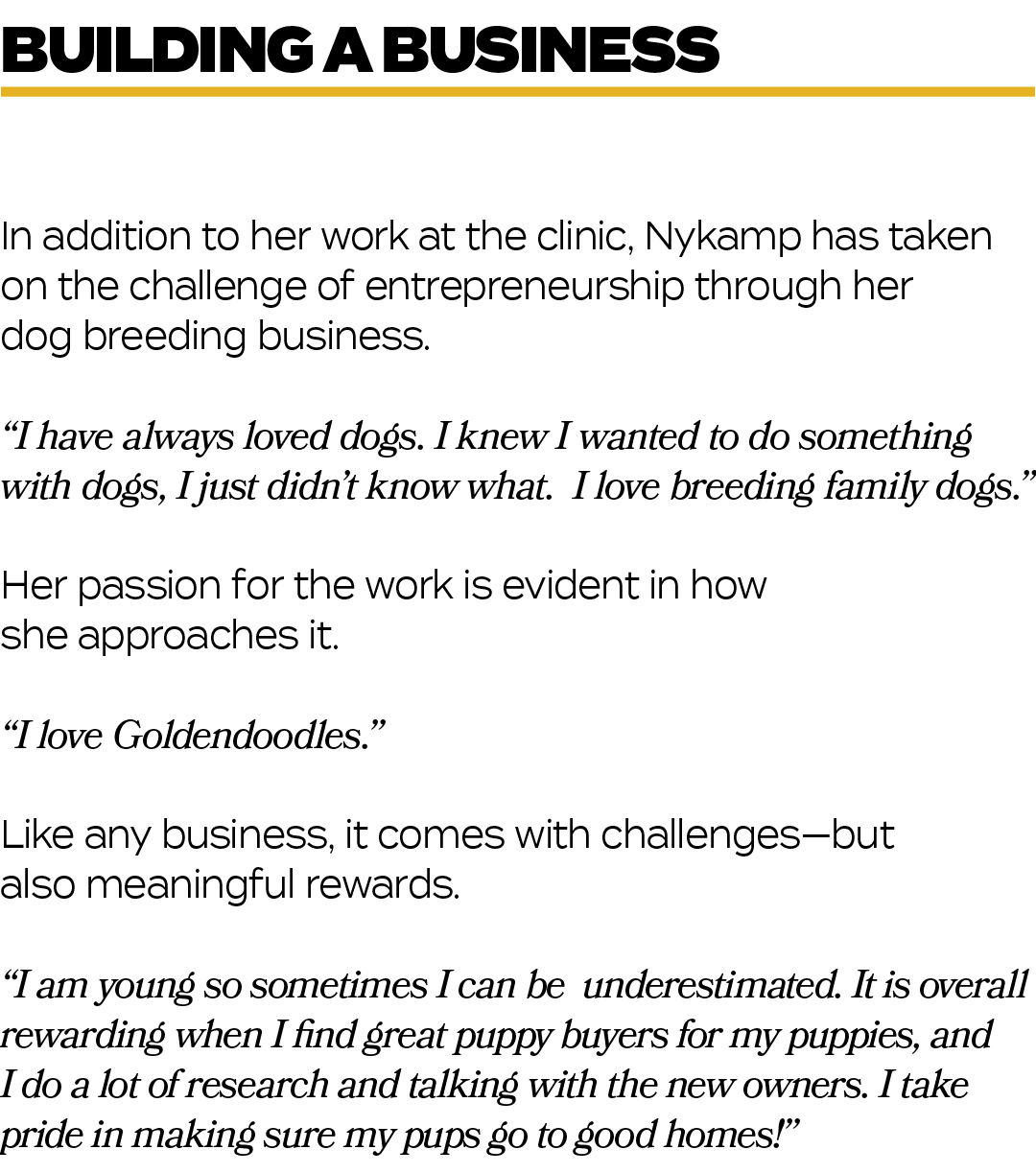In addition to her work at the clinic, Nykamp has taken on the challenge of entrepreneurship through her dog breeding...