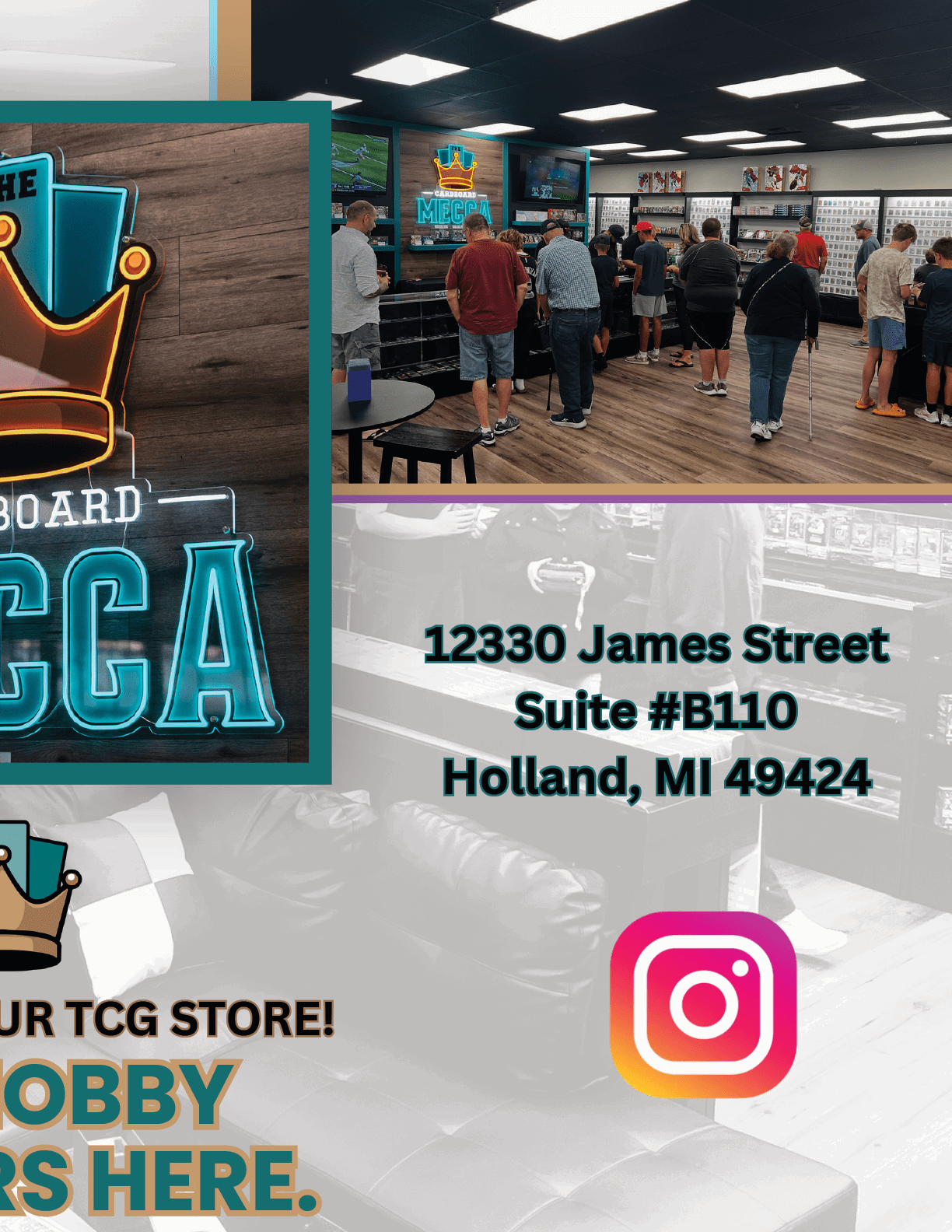 A flyer advertises a store called Megaa, located at 1239 James Street in Holland, MI. The flyer features a picture of a crown and the words “The Holland Area's Best Place for Sports & Pokemon Collectors!" AI generated content