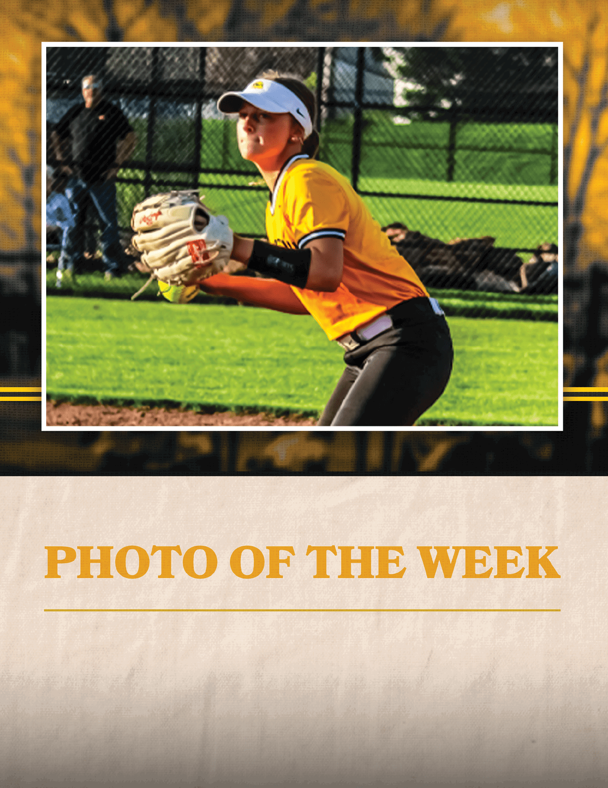 A female baseball player in a yellow shirt and black shorts, wearing a catcher's mitt, is preparing to throw the ball. AI generated content