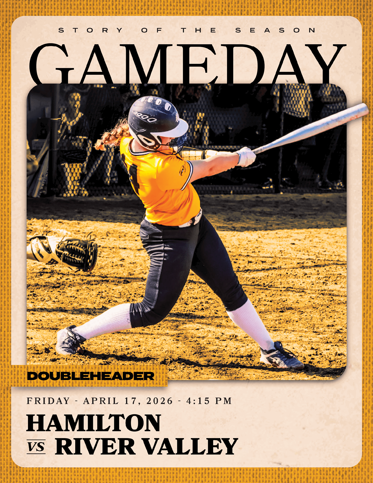 A woman in a black and yellow shirt is swinging a bat at a ball. AI generated content