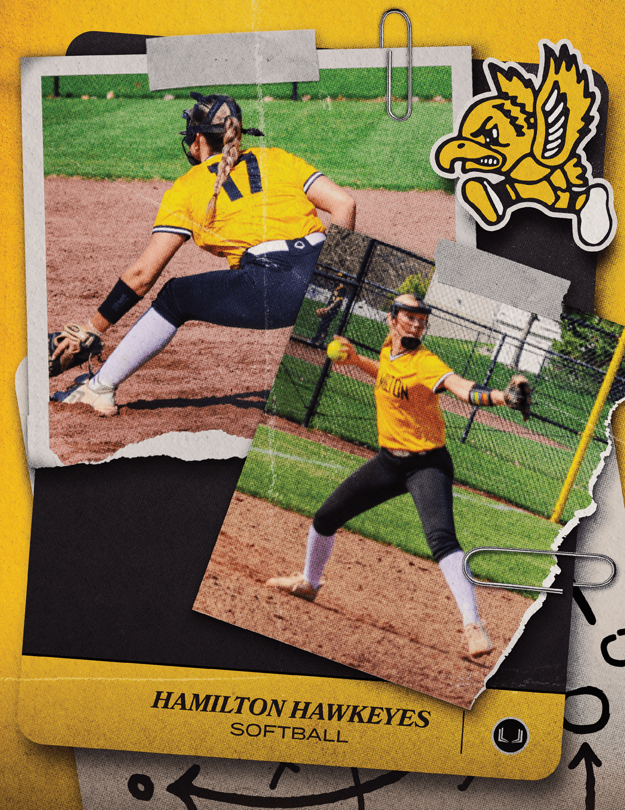 A female baseball player in a yellow shirt and black pants is in the process of throwing a ball. AI generated content