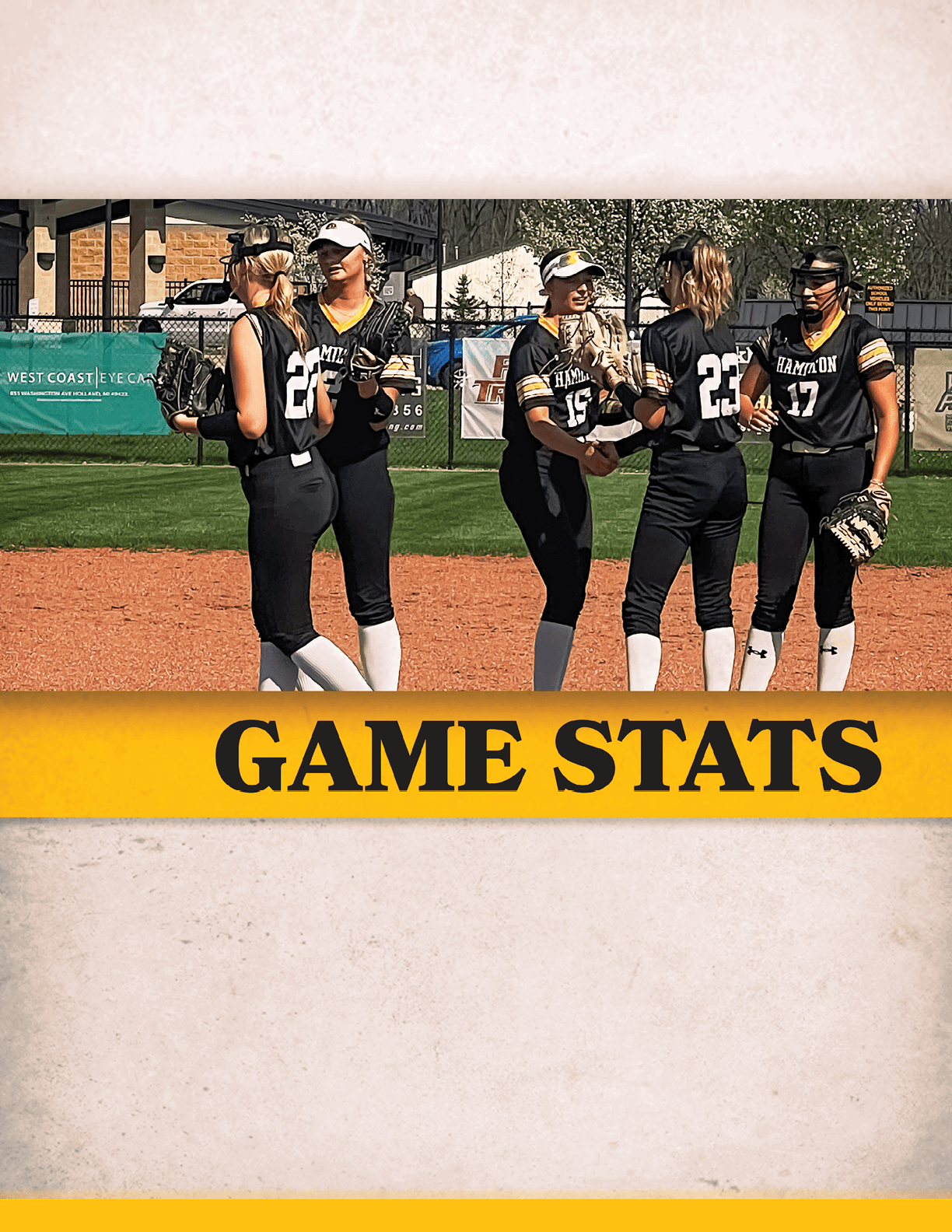 Four female softball players standing on a field, wearing black and white uniforms. AI generated content