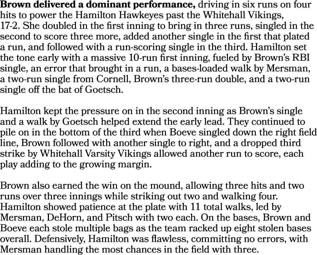 Brown delivered a dominant performance, driving in six runs on four hits to power the Hamilton Hawkeyes past the Whit...