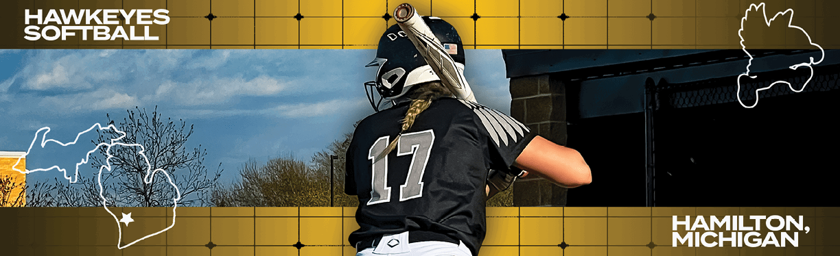 A female softball player wearing a black shirt and white pants is holding a bat and standing in front of a map of the United States. AI generated content