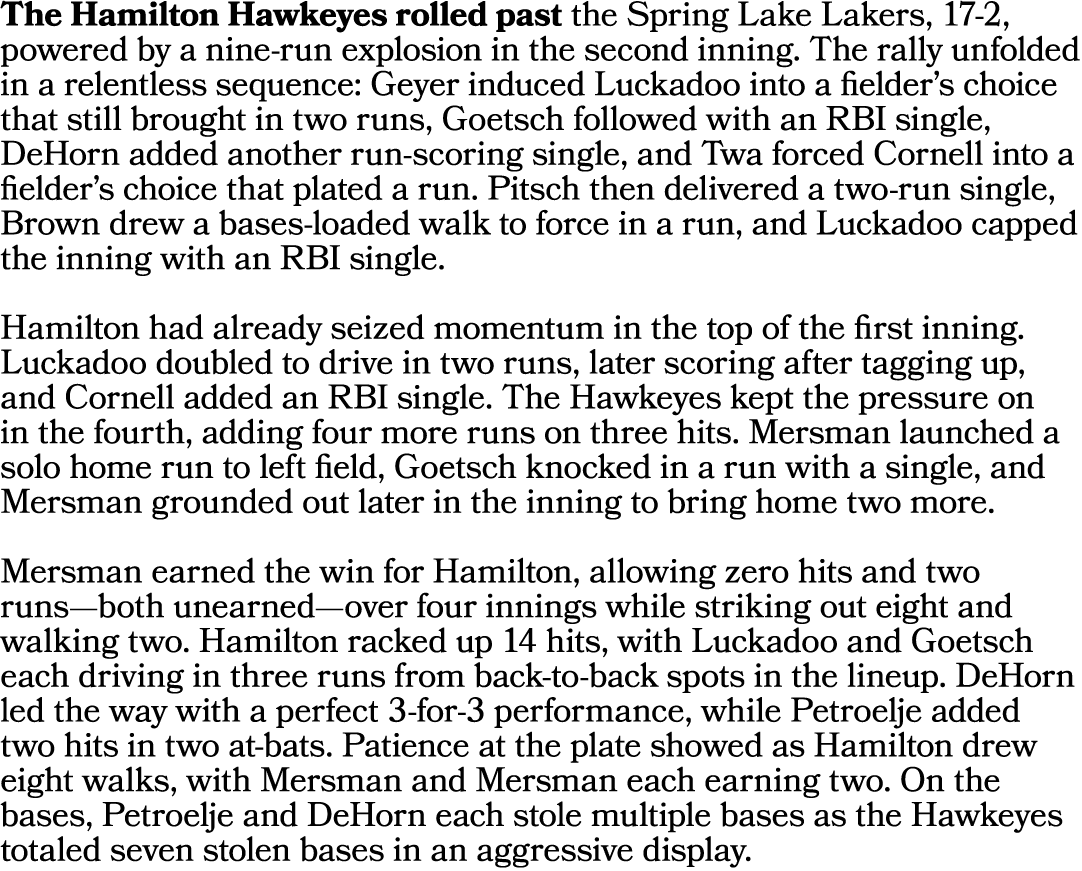 The Hamilton Hawkeyes rolled past the Spring Lake Lakers, 17 2, powered by a nine run explosion in the second inning....