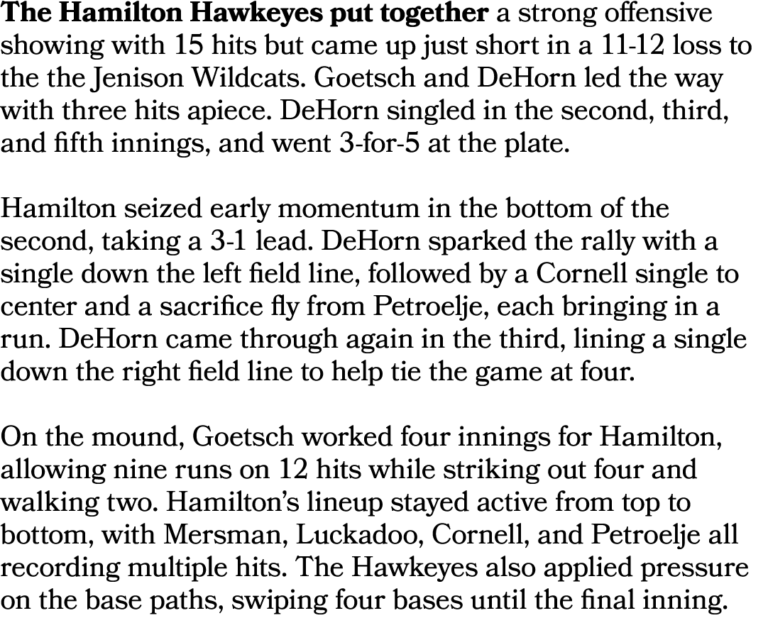 The Hamilton Hawkeyes put together a strong offensive showing with 15 hits but came up just short in a 11 12 loss to ...