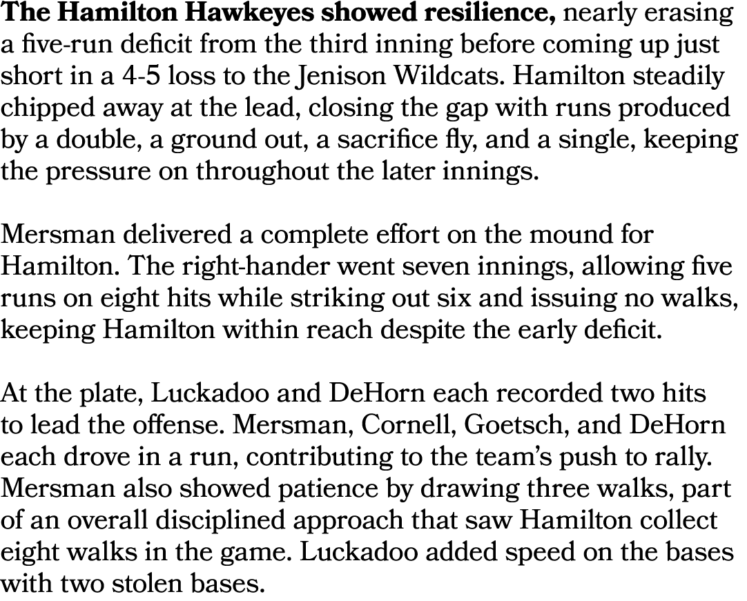 The Hamilton Hawkeyes showed resilience, nearly erasing a five run deficit from the third inning before coming up jus...