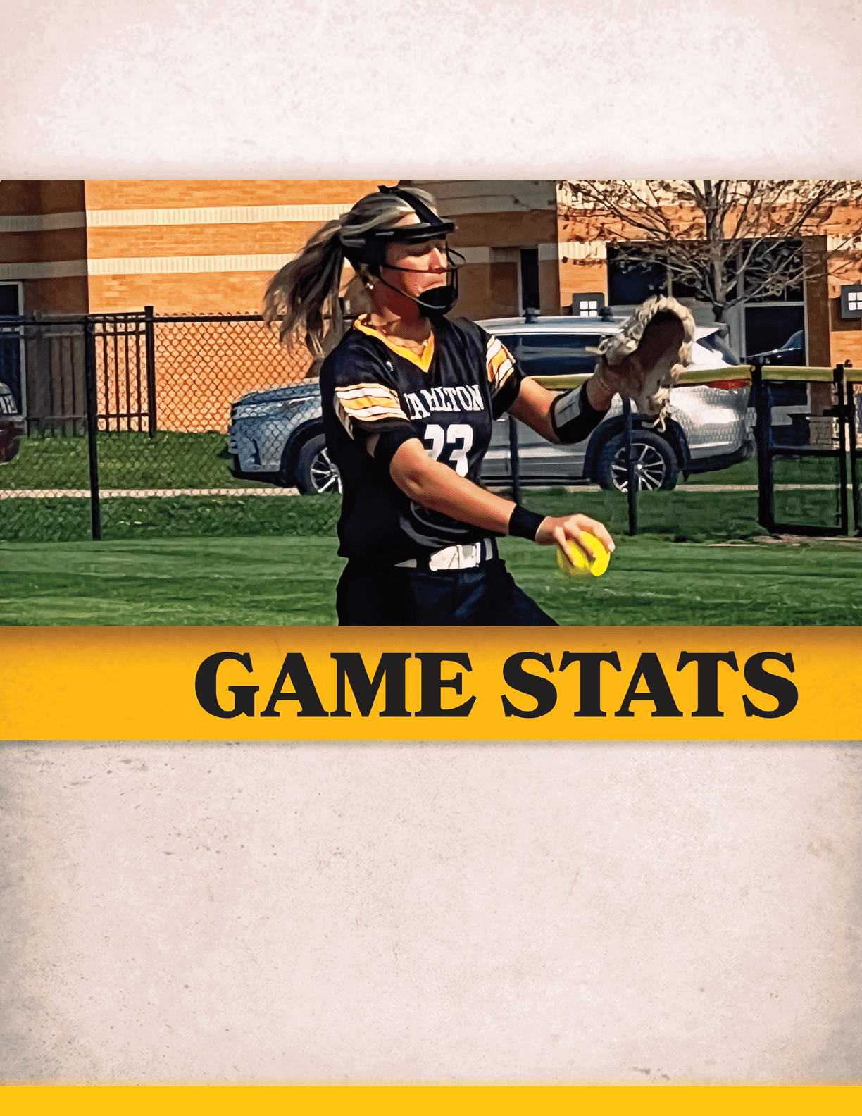 A woman in a black and yellow shirt is playing softball. AI generated content