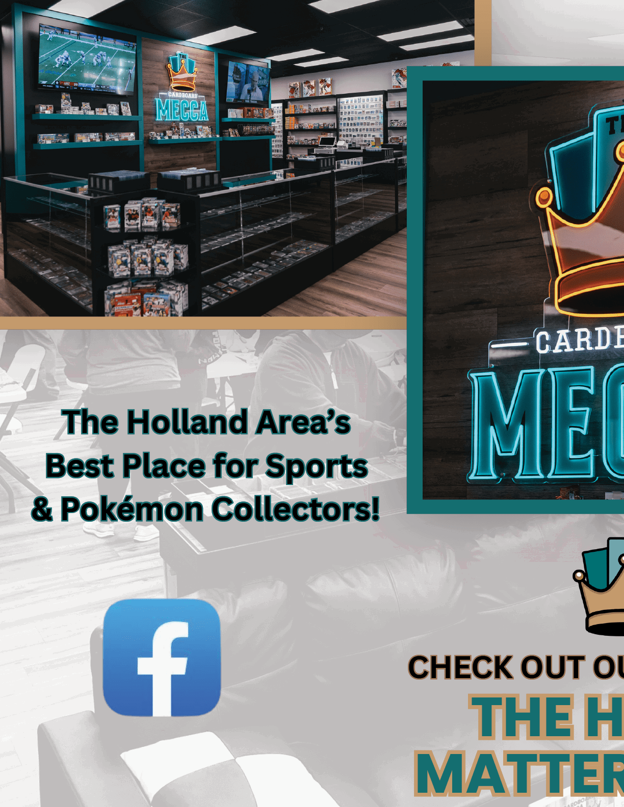 A flyer advertises a store called Megaa, located at 1239 James Street in Holland, MI. The flyer features a picture of a crown and the words “The Holland Area's Best Place for Sports & Pokemon Collectors!" AI generated content