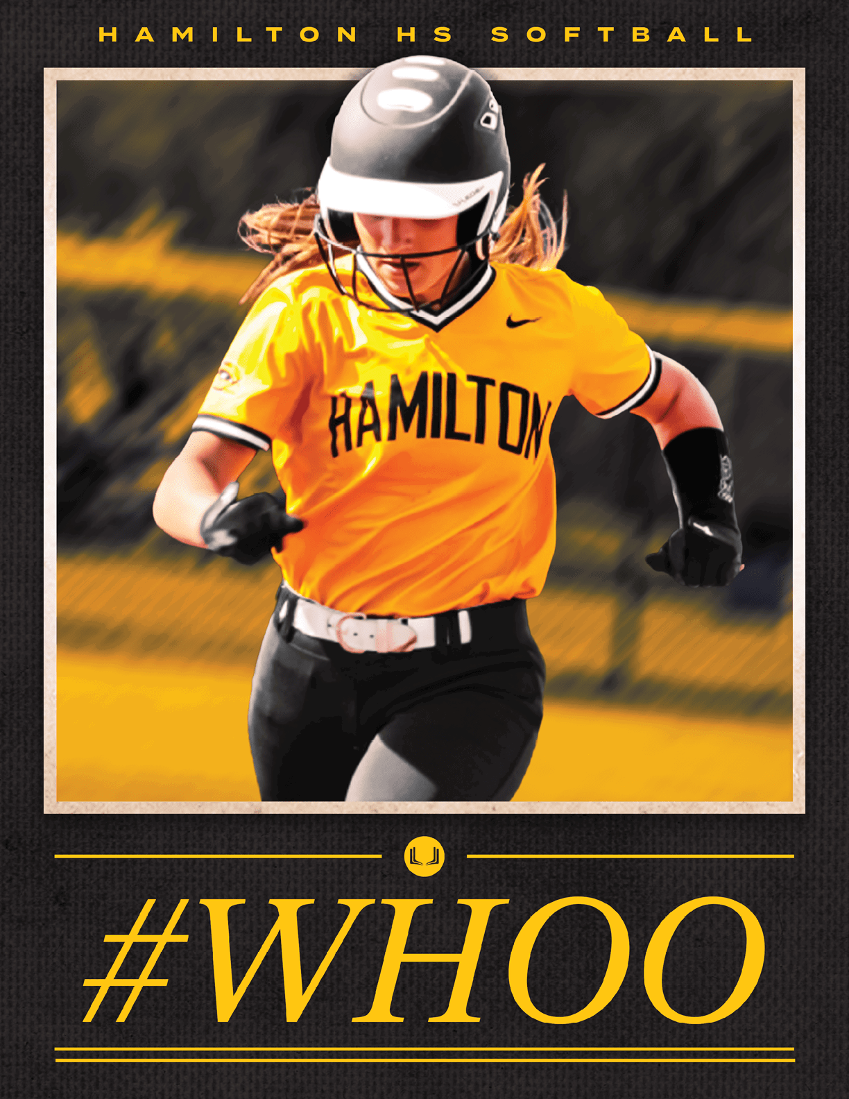 A girl wearing a yellow and black softball uniform. Description generated by AI