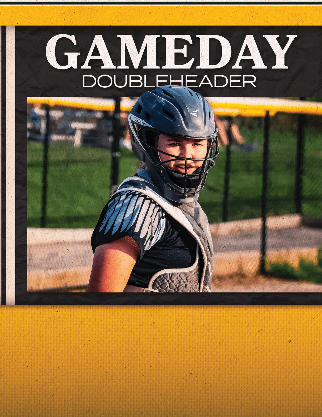 A young girl wearing a helmet and catcher's gear. Description generated by AI