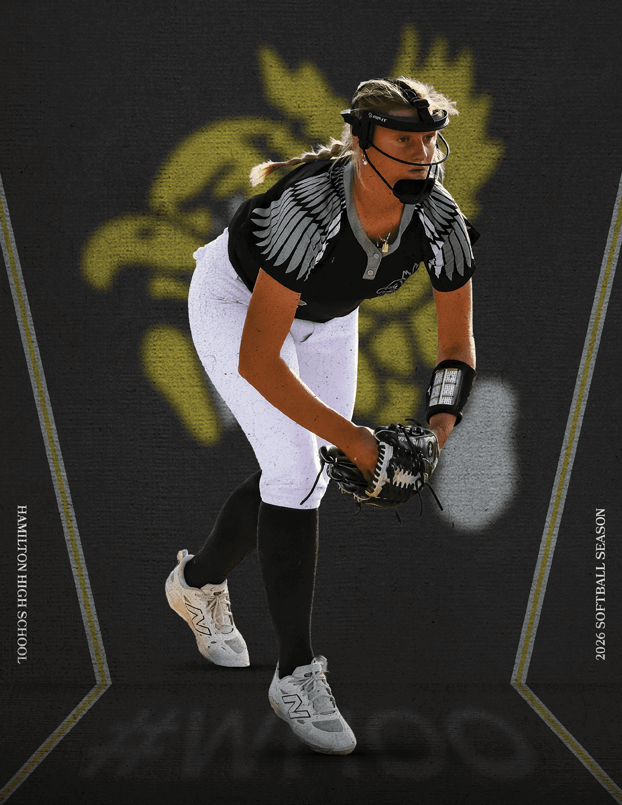 A girl wearing a black and white shirt and white pants is playing softball. Description generated by AI