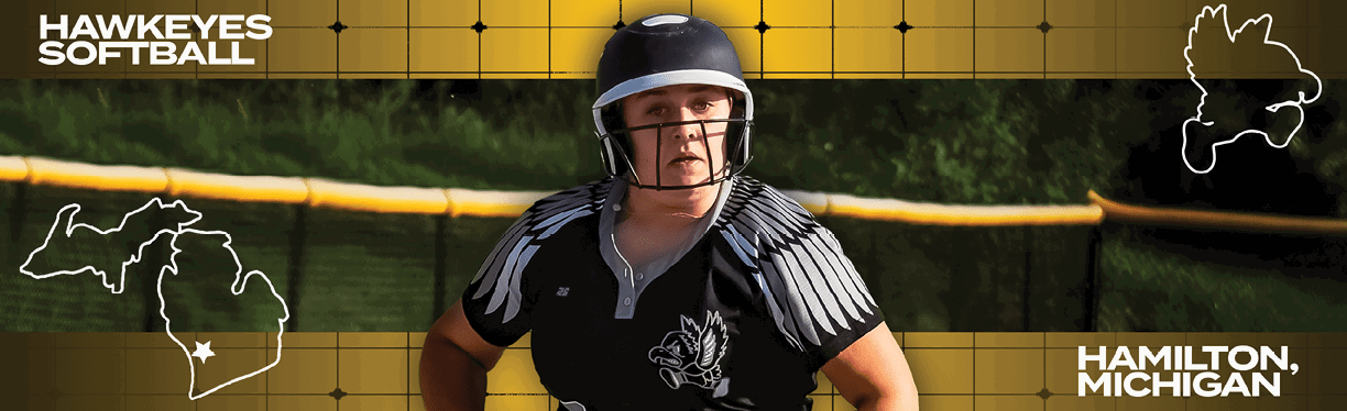 A woman wearing a softball uniform and helmet. Description generated by AI