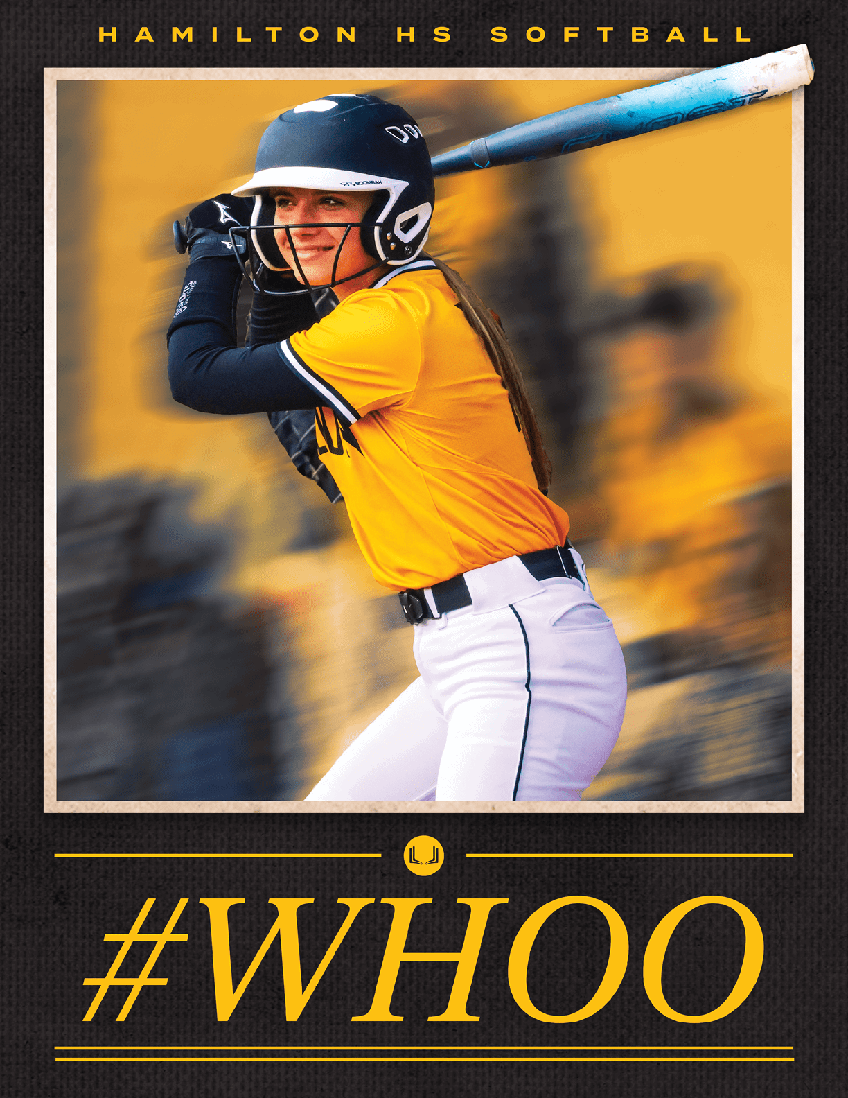 A girl wearing a yellow and black shirt and a black helmet is swinging a bat. Description generated by AI