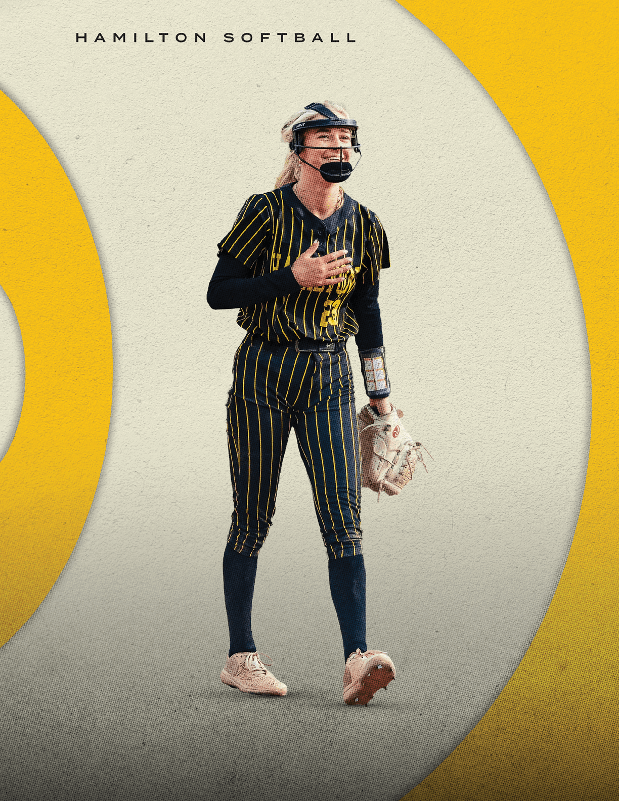 A woman wearing a softball uniform and holding a glove. Description generated by AI