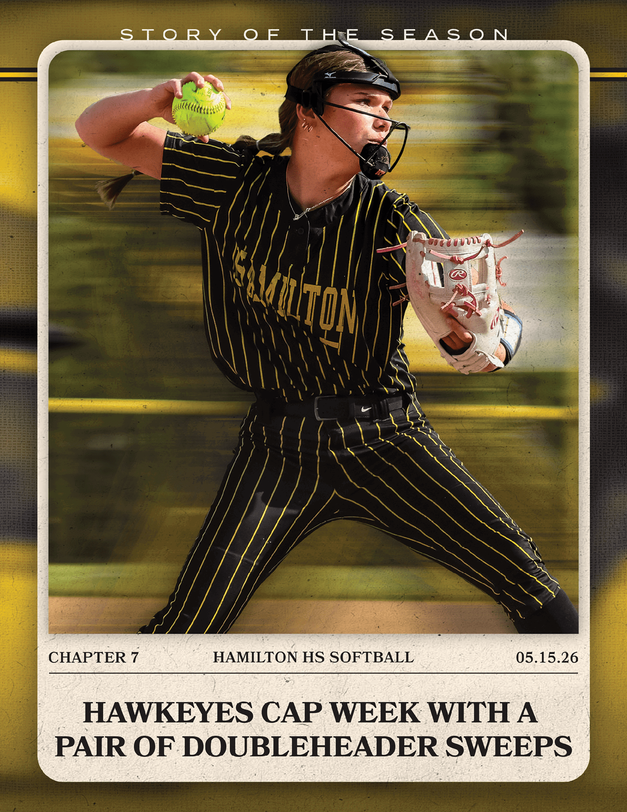 A baseball player wearing a black and yellow uniform. Description generated by AI
