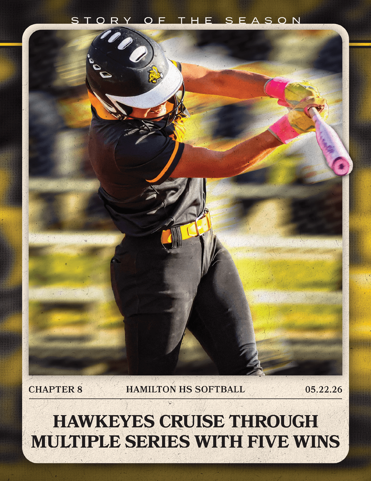 A woman in a black and yellow uniform is swinging a bat. Description generated by AI