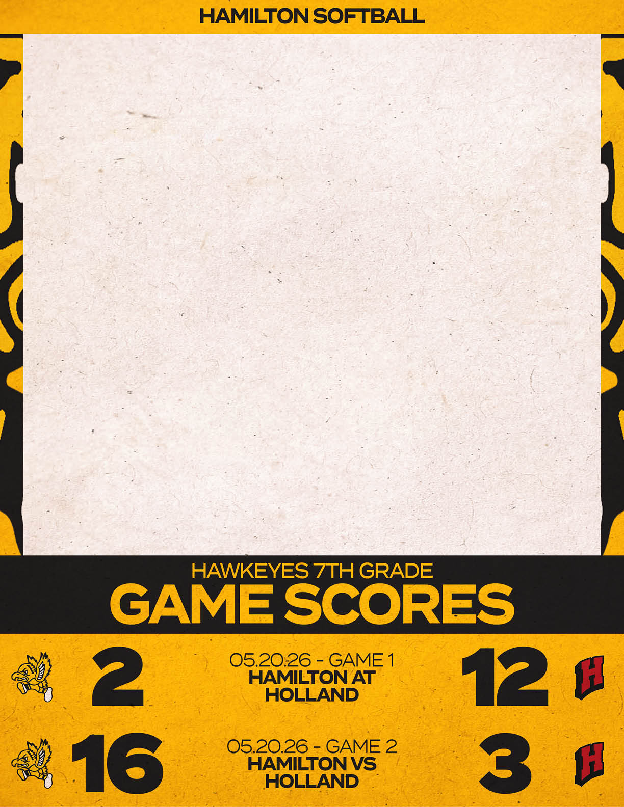 A poster for a softball team with a list of scores. Description generated by AI