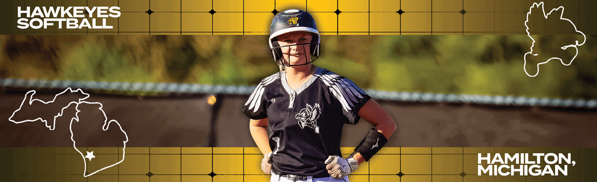 A woman wearing a softball uniform and helmet. Description generated by AI